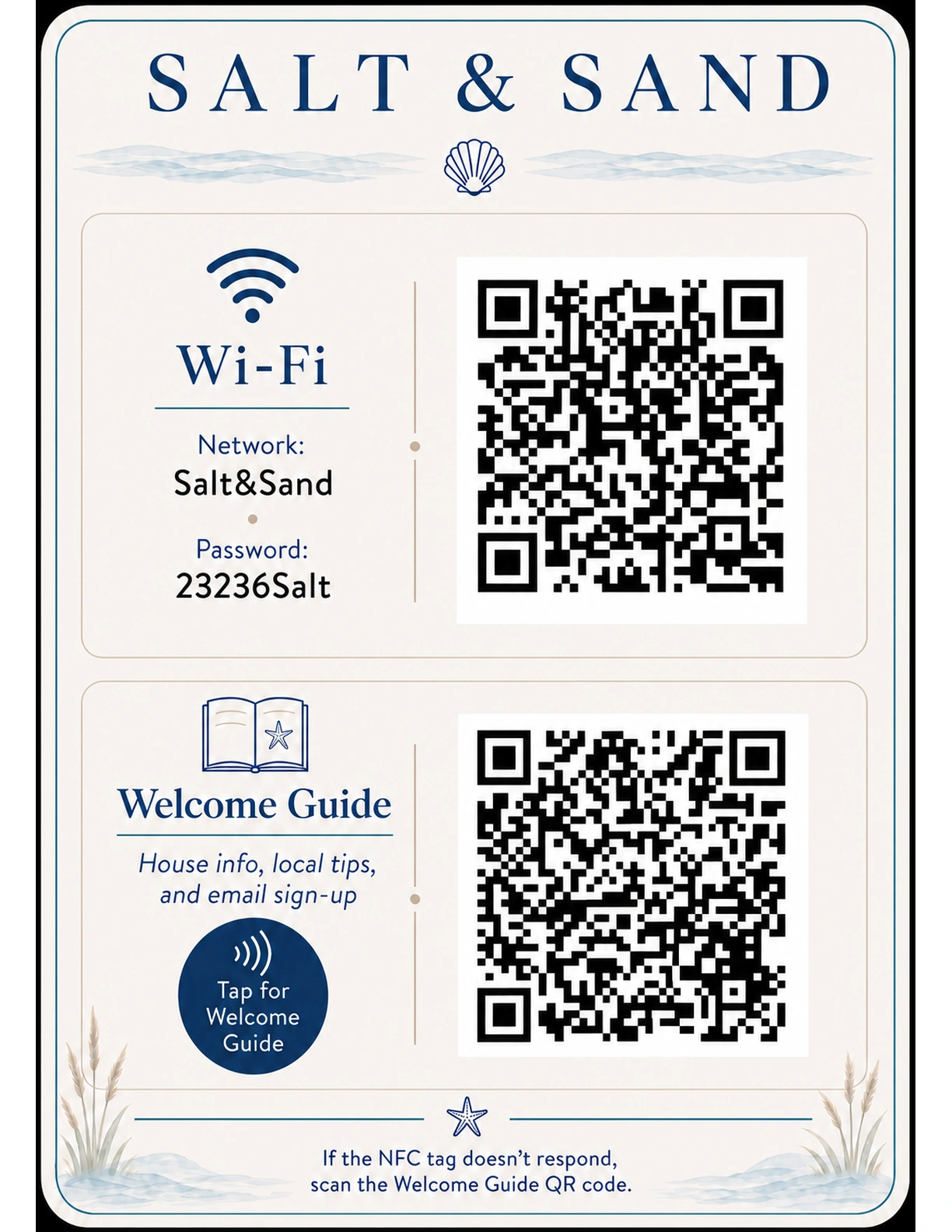 Salt & Sand Wi-Fi and Welcome Guide QR codes